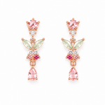 A pair of rose gold dangle earrings featuring pink, light green, and dark pink gemstones, displayed on a clean white background.