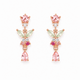 A pair of rose gold dangle earrings featuring pink, light green, and dark pink gemstones, displayed on a clean white background.