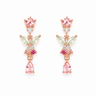 A pair of rose gold dangle earrings featuring pink, light green, and dark pink gemstones, displayed on a clean white background.