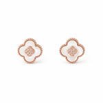 A pair of rose gold four-leaf clover stud earrings with white inlay and a pavé-set diamond center, shown on a plain white background.