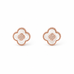 A pair of rose gold four-leaf clover stud earrings with white inlay and a pavé-set diamond center, shown on a plain white background.