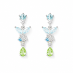 A pair of silver-tone drop earrings featuring light blue marquise-cut and round-cut gemstones, a small round blue stone, and a light green pear-cut drop at the bottom, set against a plain white background.