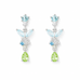 A pair of silver-tone drop earrings featuring light blue marquise-cut and round-cut gemstones, a small round blue stone, and a light green pear-cut drop at the bottom, set against a plain white background.