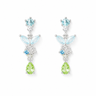 A pair of silver-tone drop earrings featuring light blue marquise-cut and round-cut gemstones, a small round blue stone, and a light green pear-cut drop at the bottom, set against a plain white background.