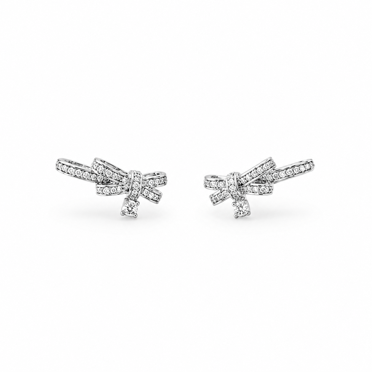 Silver Dear Love Ribbon Earrings with pavé cubic zirconia bow design, 925 sterling silver rhodium plated, by Aurelia Atelier, IU, perfect crown, kdrama earrings, chanel earrings, ruban, 蝴蝶结耳环，镶嵌密钉立方氧化锆，925纯银镀铑, 