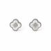 A pair of silver-toned four-leaf clover stud earrings with white inlay and a textured beaded border, set against a plain white background.
