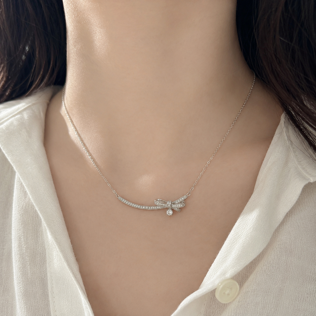 Silver Dear Love Ribbon Necklace with pavé cubic zirconia bow design, 925 sterling silver rhodium plated, by Aurelia Atelier, IU, perfect crown, kdrama earrings, chanel earrings, ruban, 蝴蝶结耳环，镶嵌密钉立方氧化锆，925纯银镀铑, 